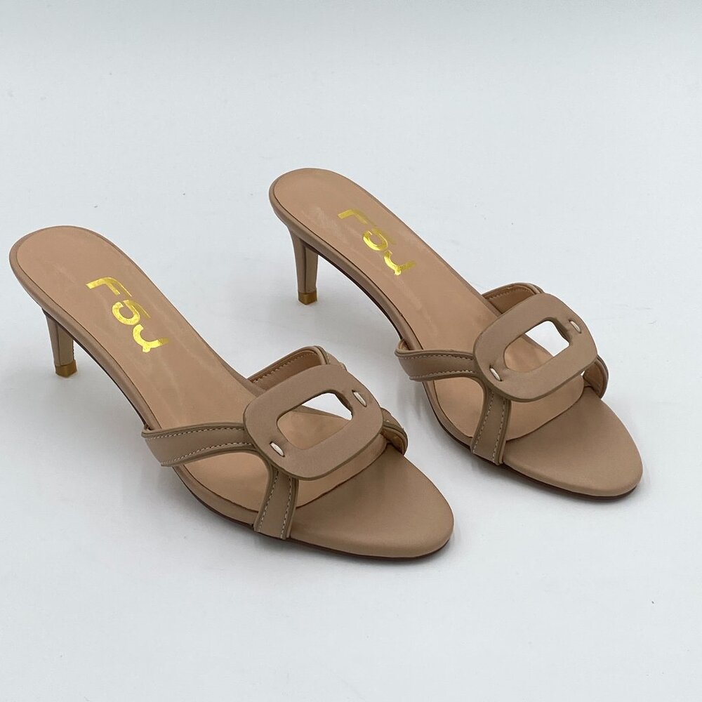 FSJ Nude Tan Open-Toe Slide Heels with Buckle Accent